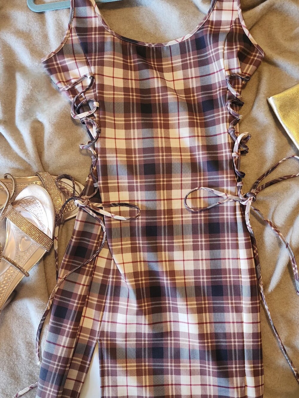 Plaid Side-Tie Midi Dress in Brown and Cream